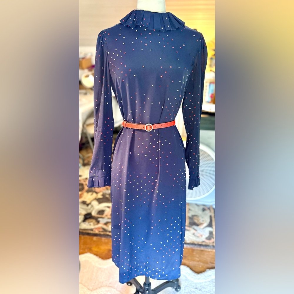 UMBA for PARNES FEINSTEIN Navy Silk Vintage Midi Dress Polka Dots & Ruffles